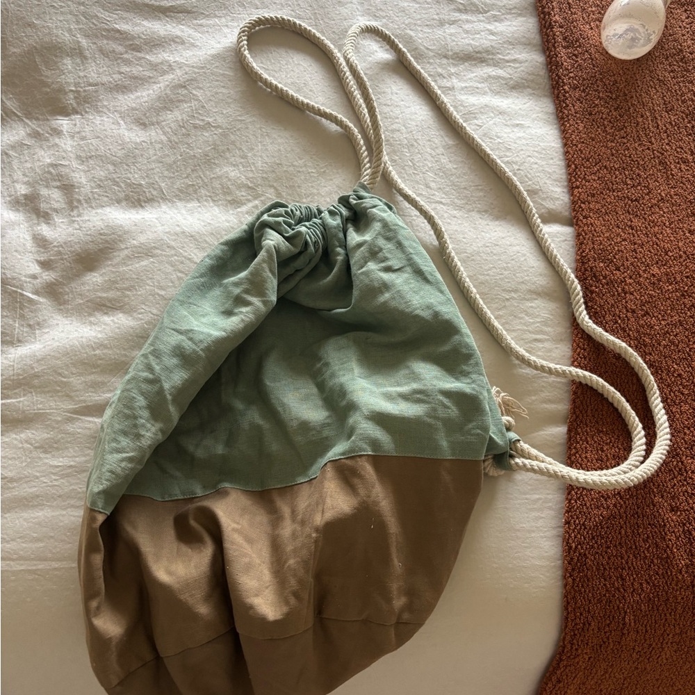 Two-Tone Green and Brown Drawstring Bag